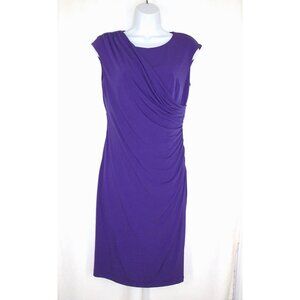 Coldwater Creek Purple Dress 4P Draped Wrap Sheath Ruched Stretch Short Sleeve